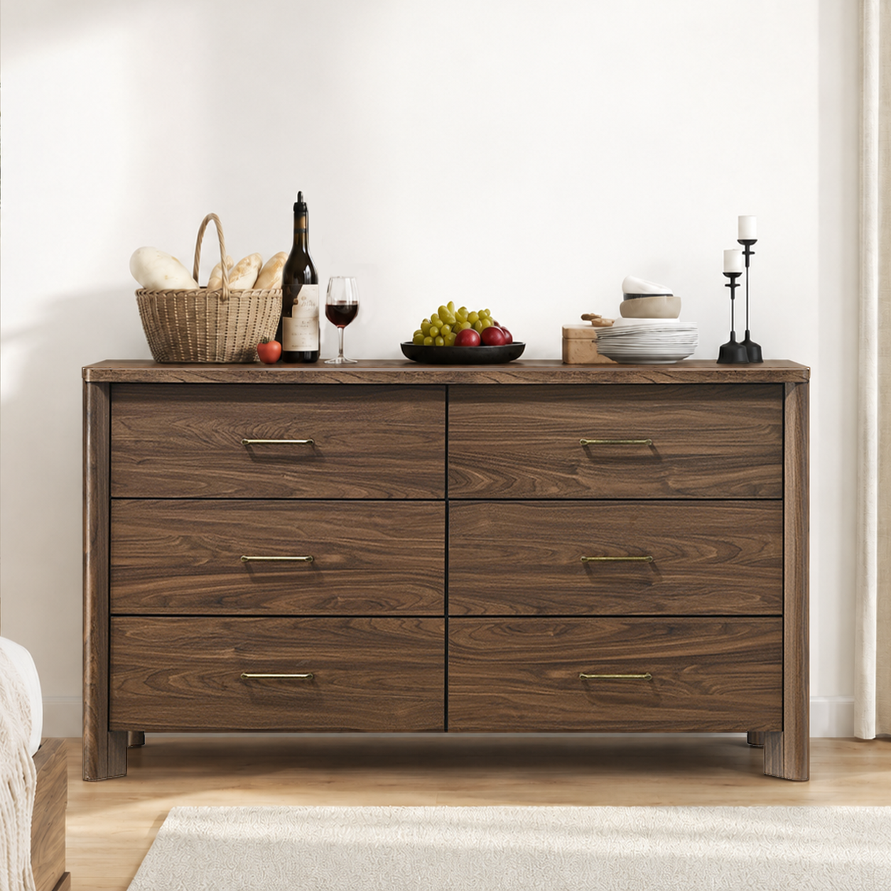 Mid-Century Modern Walnut 3-Piece Bedroom Storage Set with Nightstand, Chest & Dresser with Optional Mirror, Without Mirror