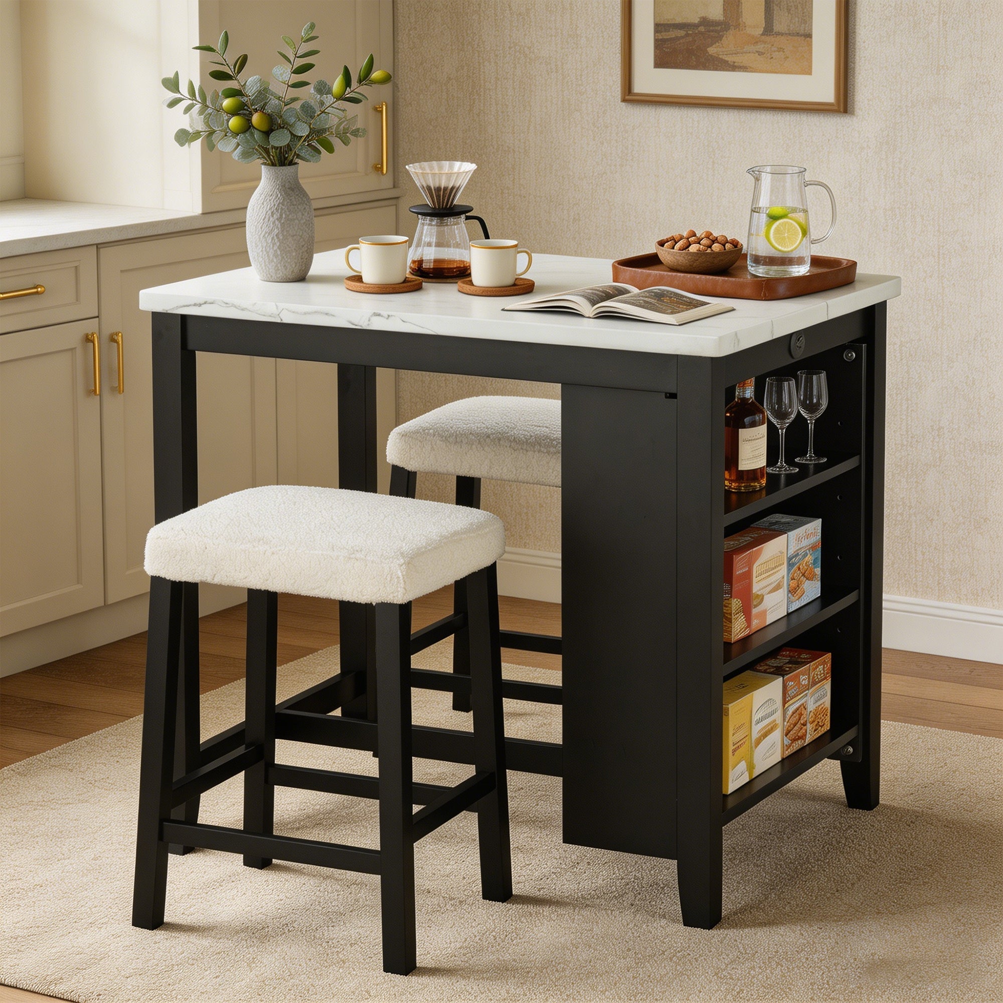 3-Piece Dining Set with USB Charging, Storage Shelves & Boucle Stools, High Gloss Kitchen Table for Small Spaces