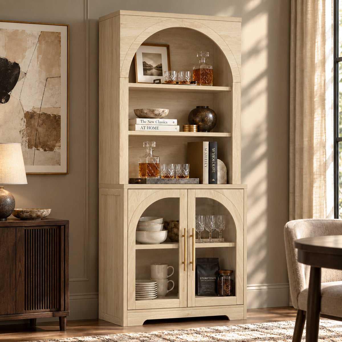 Arched Tempered Glass Door Storage Cabinet, 3-Tier Open Shelf Bookcase Display Cabinet
