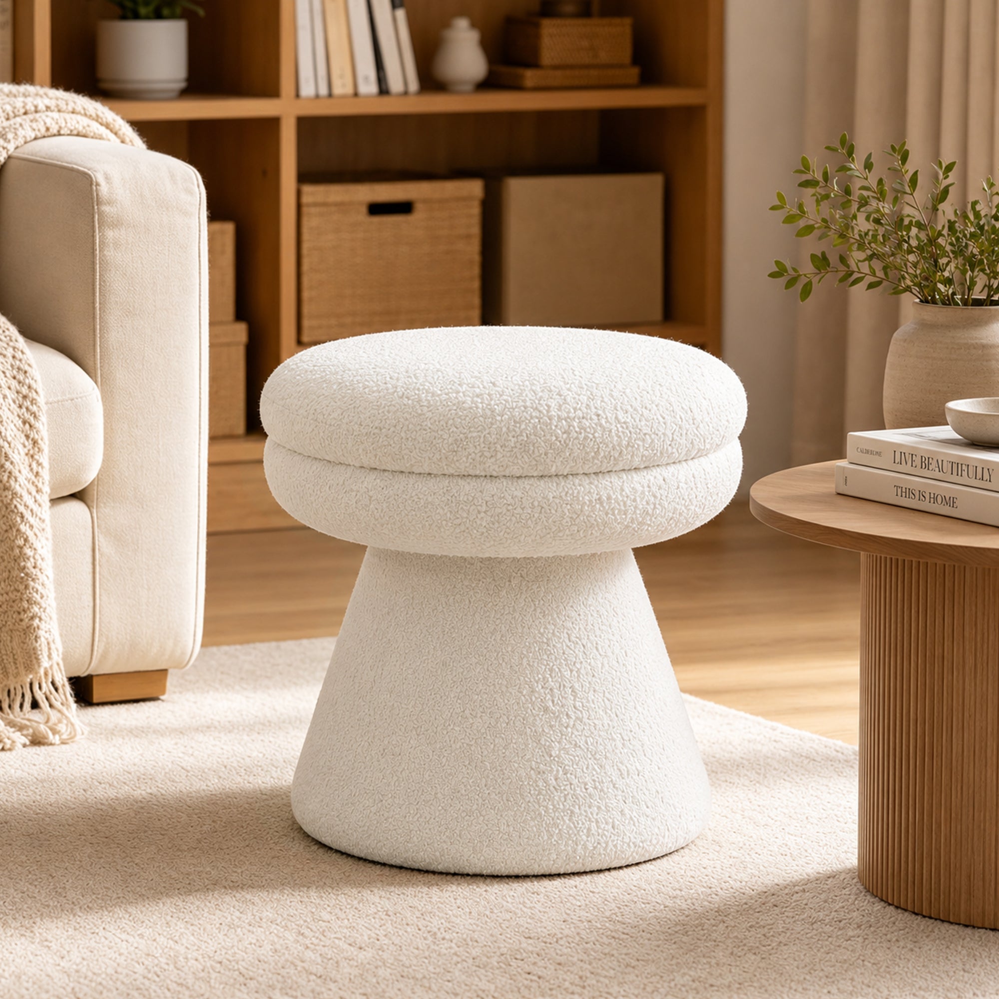 Contemporary Teddy Accent Stool with Mushroom Silhouette & Pedestal Base – Fully Assembled