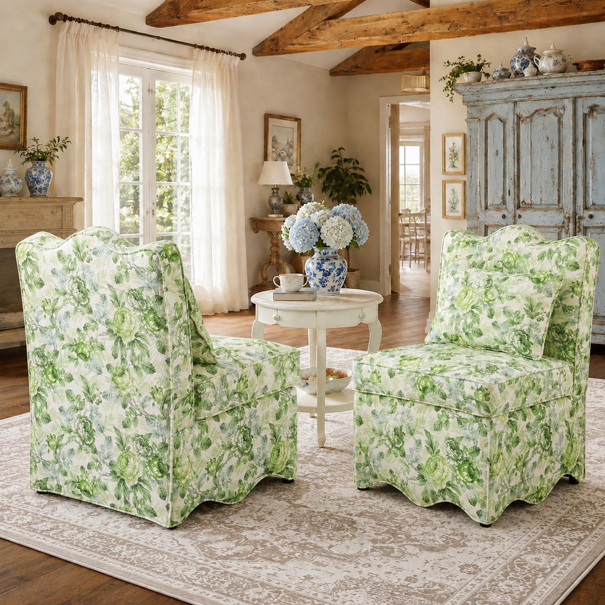 French Farmhouse Accent Chair with Scalloped Back & Upholstered Seat