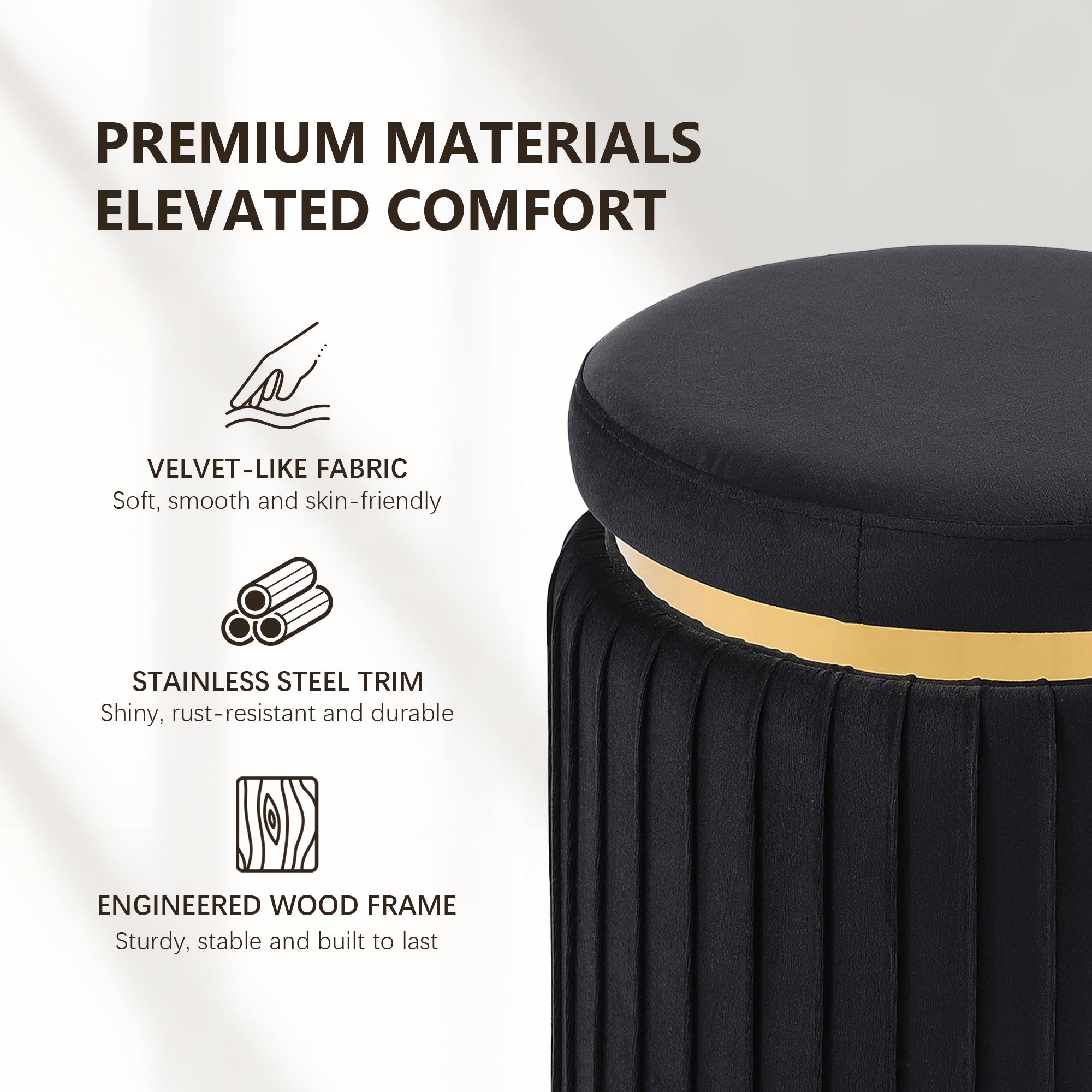 Contemporary Velvet Counter Stool with Gold Trim & Stainless Steel Base – Upholstered Modern Bar Stool