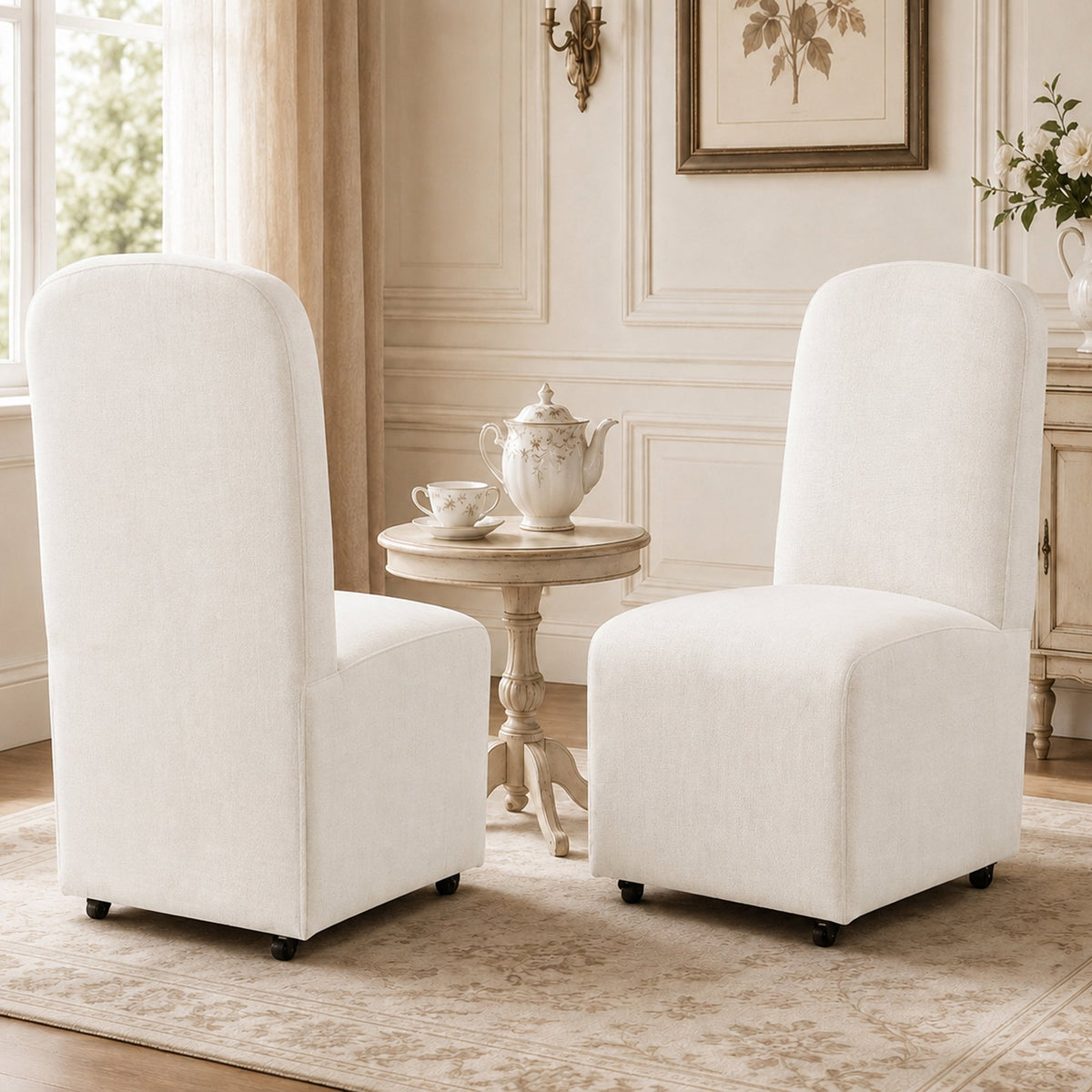 French Farmhouse Upholstered Dining Chair with Rounded Back, Caster Legs & Skirted Design