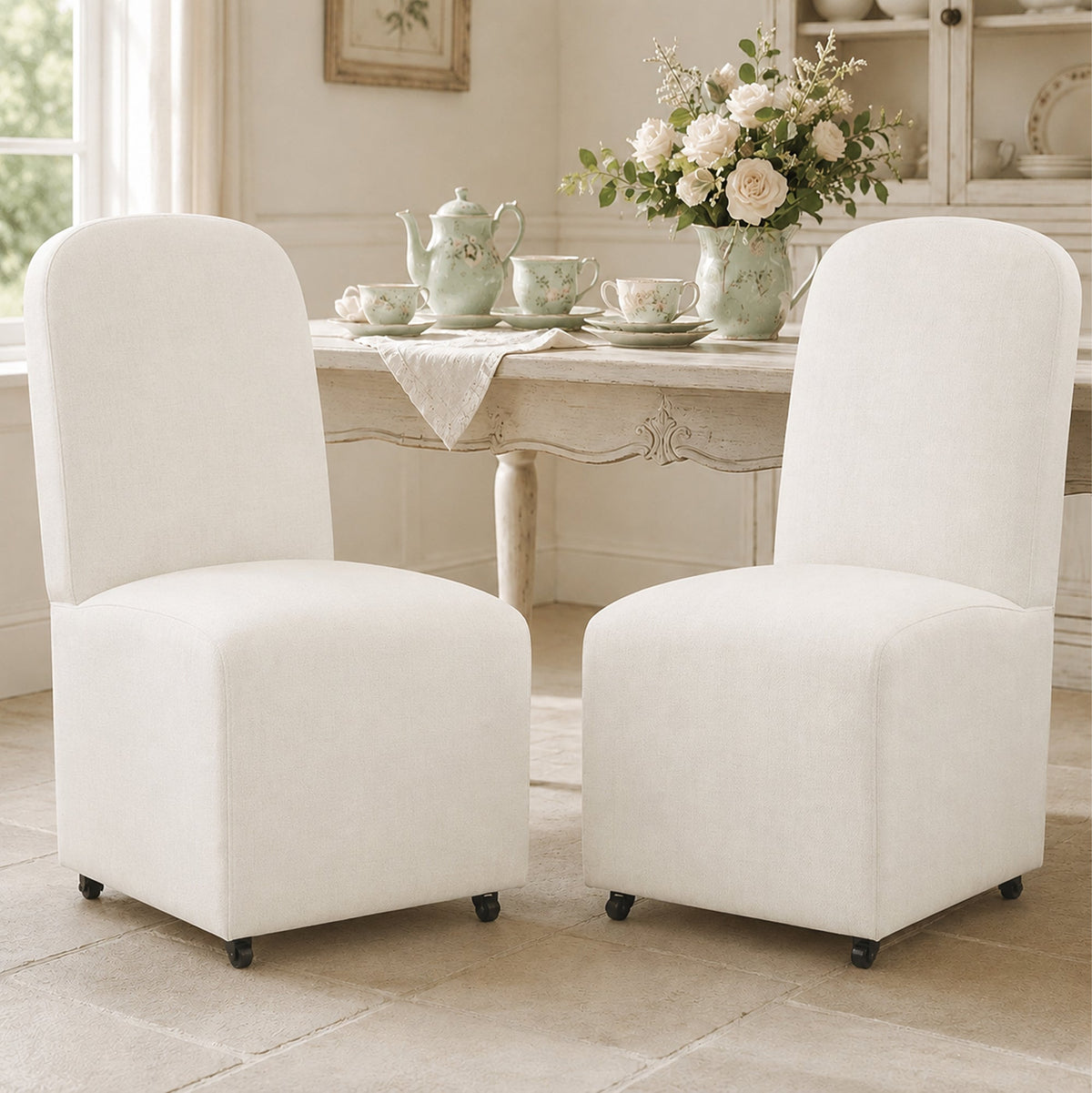 French Farmhouse Upholstered Dining Chair with Rounded Back, Caster Legs & Skirted Design