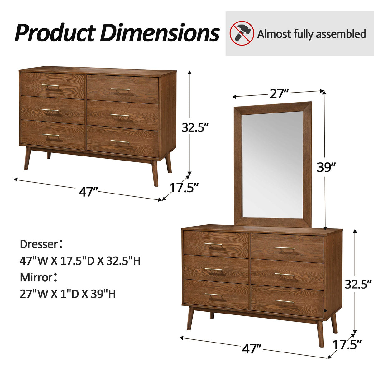 Mid-Century Modern 6-Drawer Dresser in Walnut with Optional Mirror