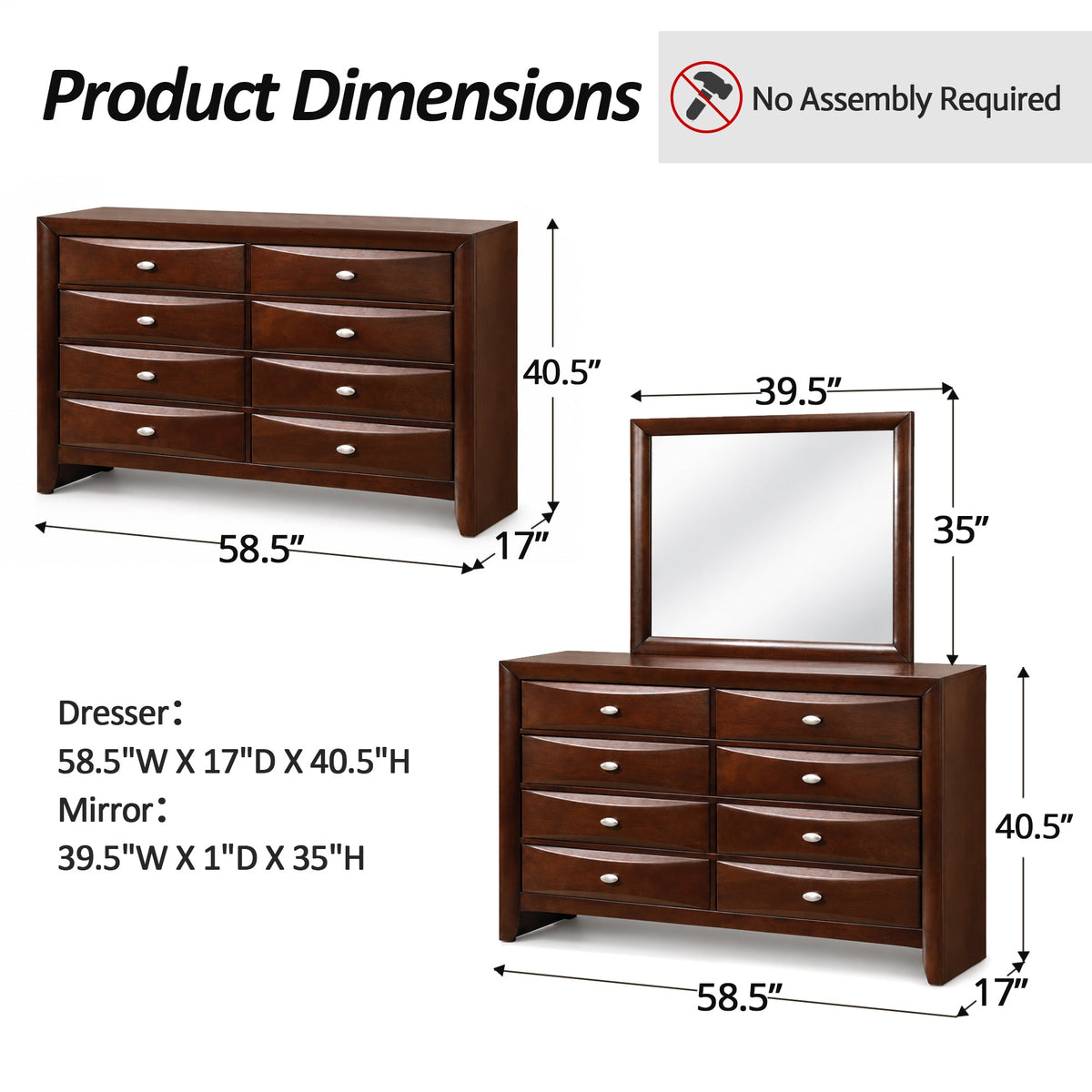 Transitional 8-Drawer Dresser with Solid Wood Construction – Optional Mirror