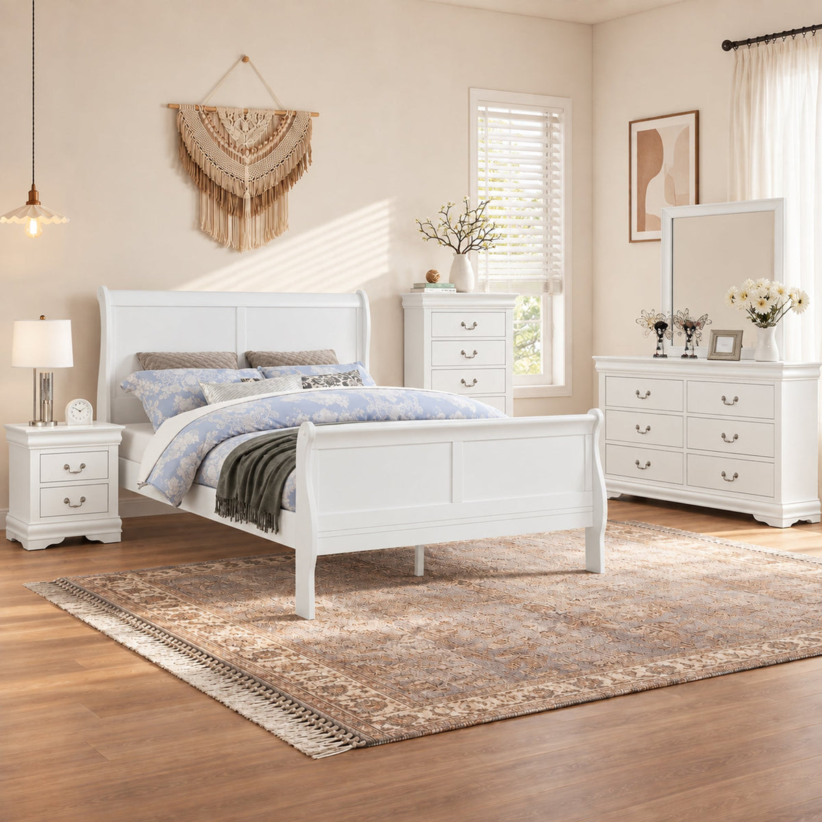 4-Piece Transitional Sleigh Bedroom Set with Solid Wood Bed, Nightstand, Chest & Dresser (Mirror Optional)