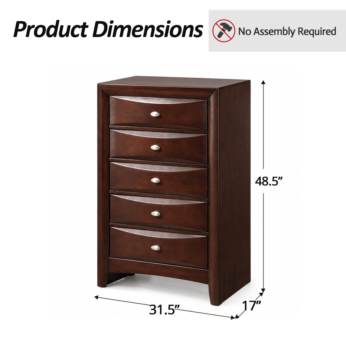 Transitional 5-Drawer Chest with Solid Wood Construction – No Assembly Required