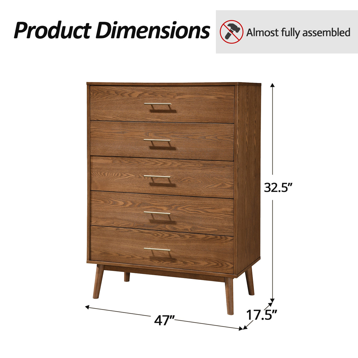 Mid-Century Modern 5-Drawer Chest in Walnut with Tapered Legs
