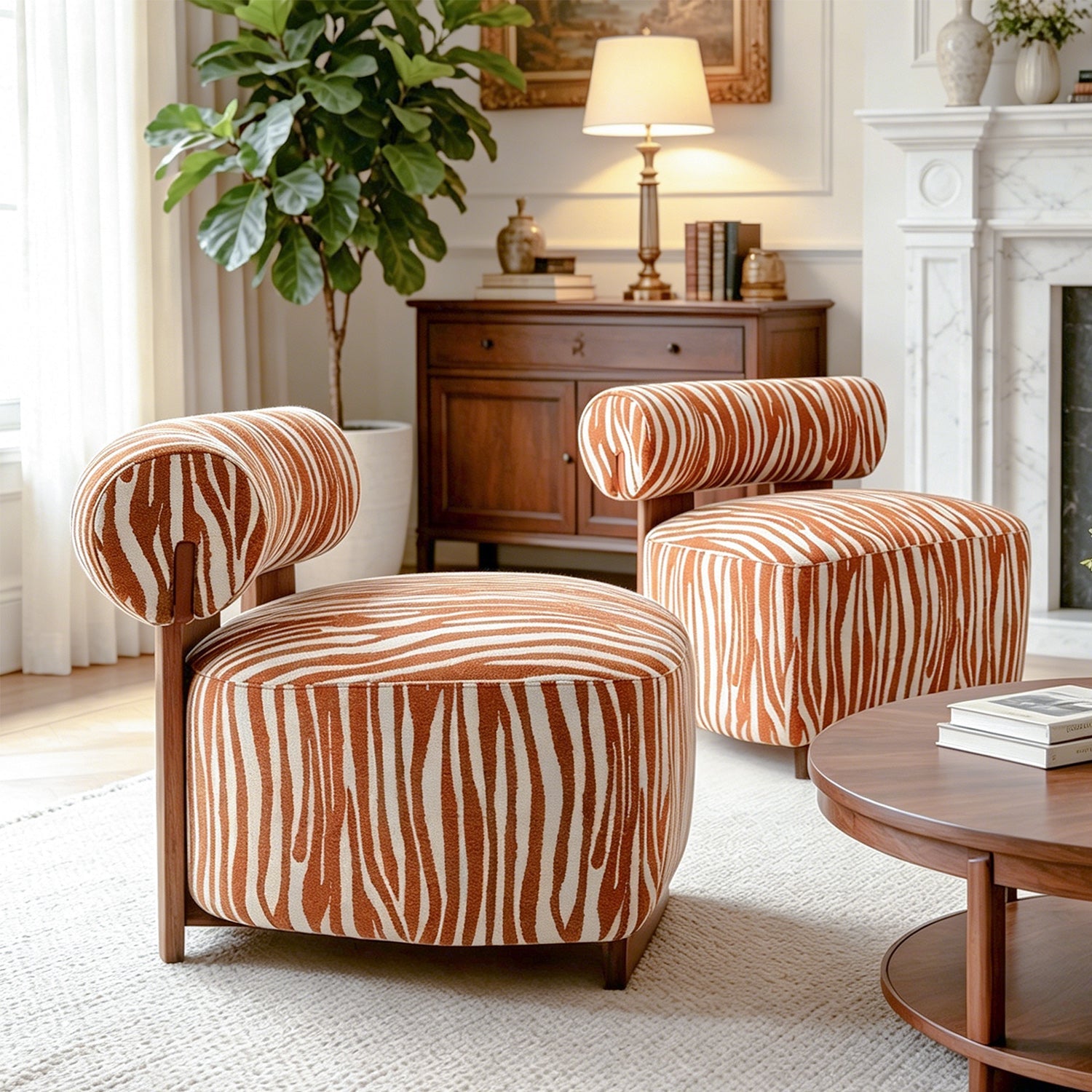 Contemporary Zebra-Stripe Chenille Accent Chair – Sculptural Cylindrical Backrest