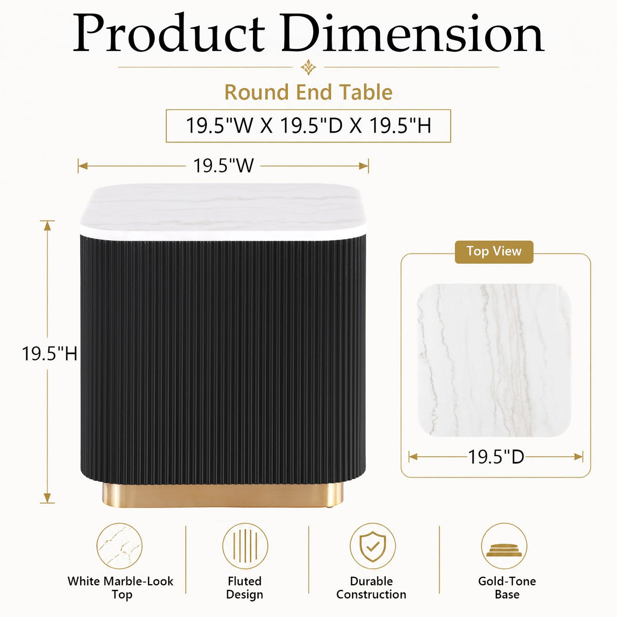 Modern Marble End Table – Genuine Marble Top & Gold Stainless Steel Base