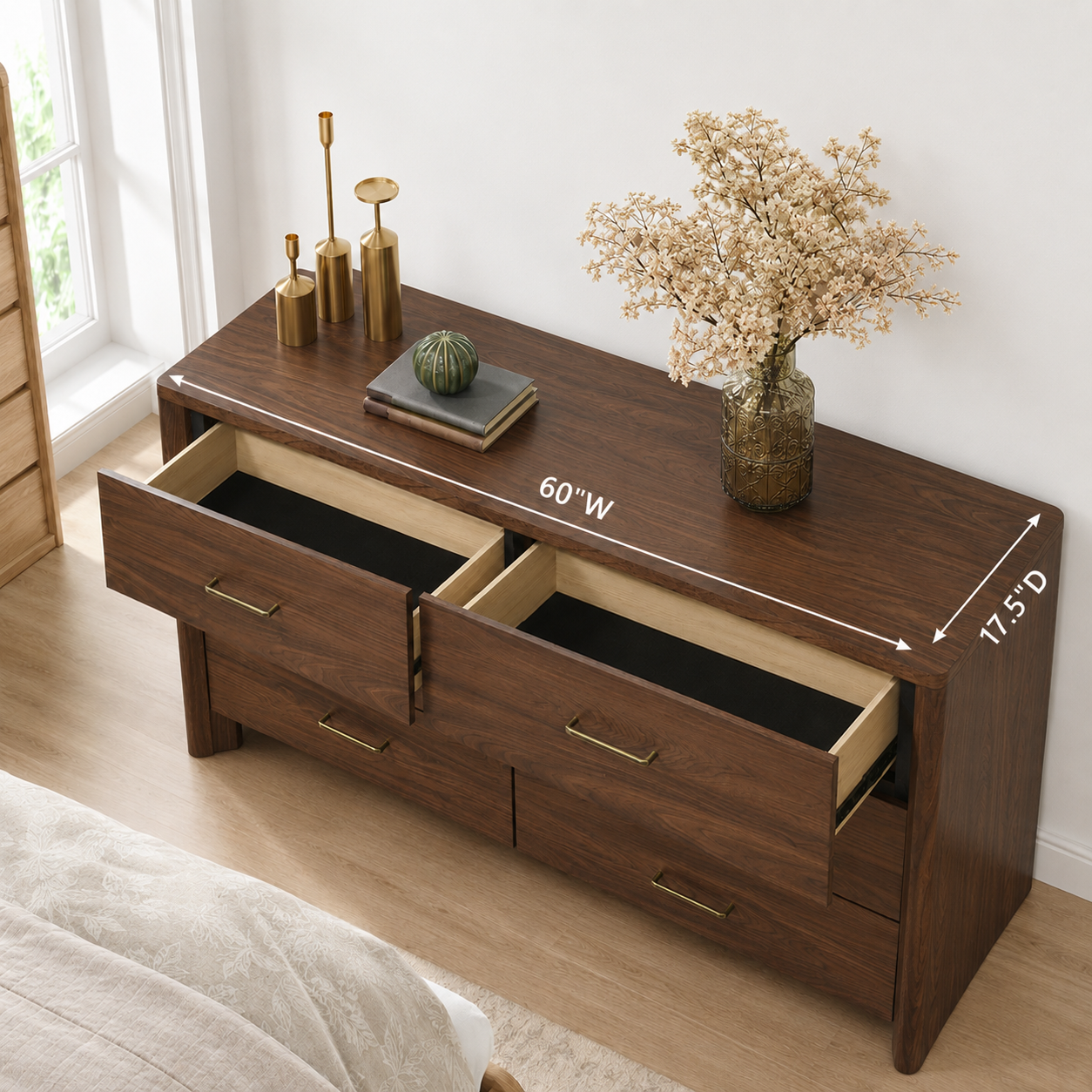 Mid-Century Modern Walnut 4-Piece Bedroom Set with Upholstered LED Platform Bed, Nightstand, Chest & Dresser with Optional Mirror