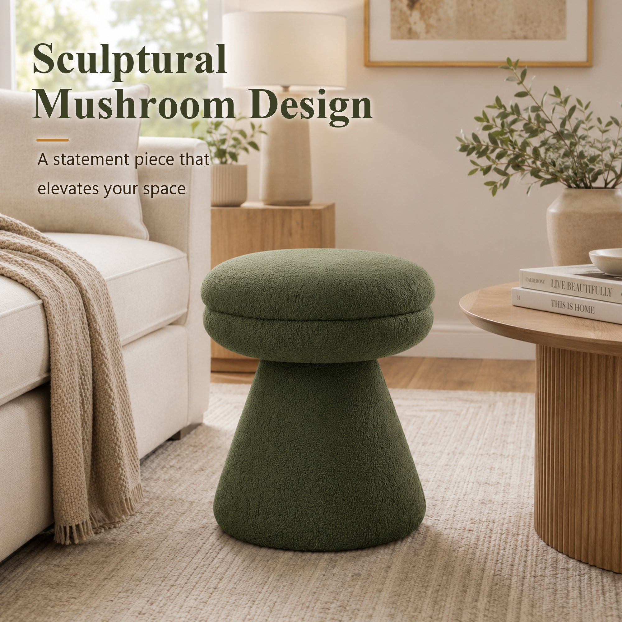 Contemporary Teddy Accent Stool with Mushroom Silhouette & Pedestal Base – Fully Assembled