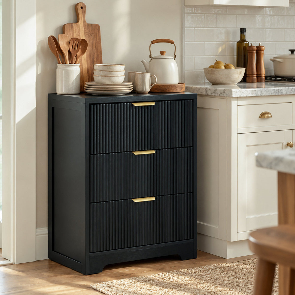Fluted 3 Drawer Nightstand, Modern Wooden Storage Cabinet with Ribbed Drawer Fronts