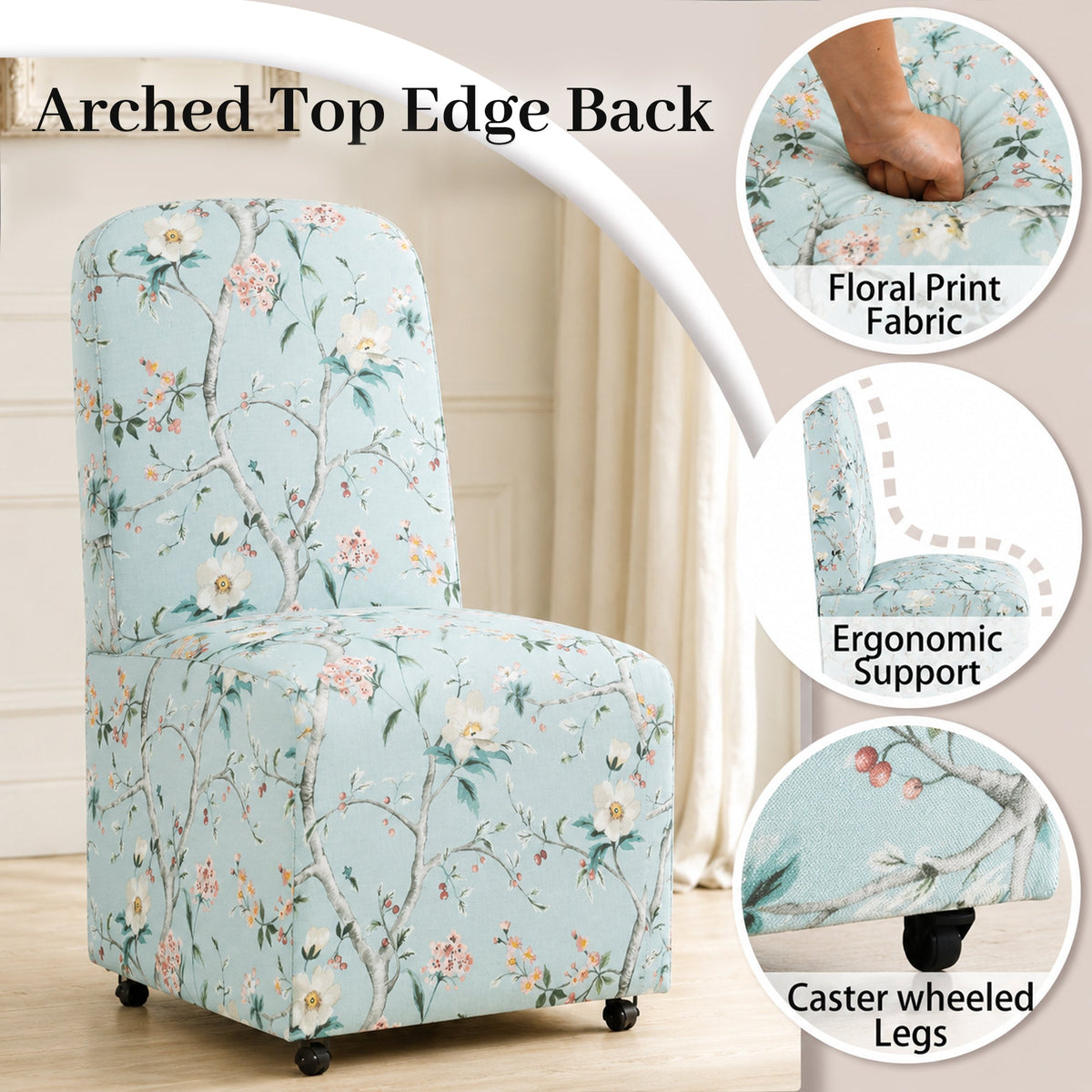 French Farmhouse Upholstered Dining Chair with Rounded Back, Caster Legs & Skirted Design