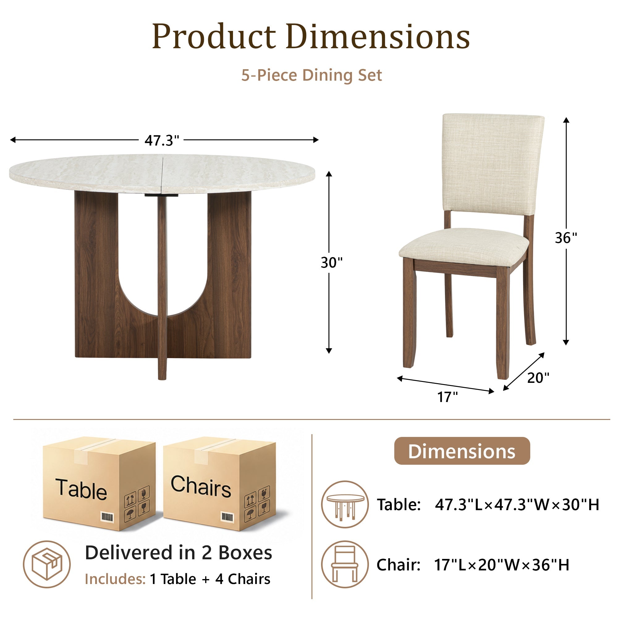 Modern 5-Piece Dining Table Set with 4 Upholstered Chairs – Round Table