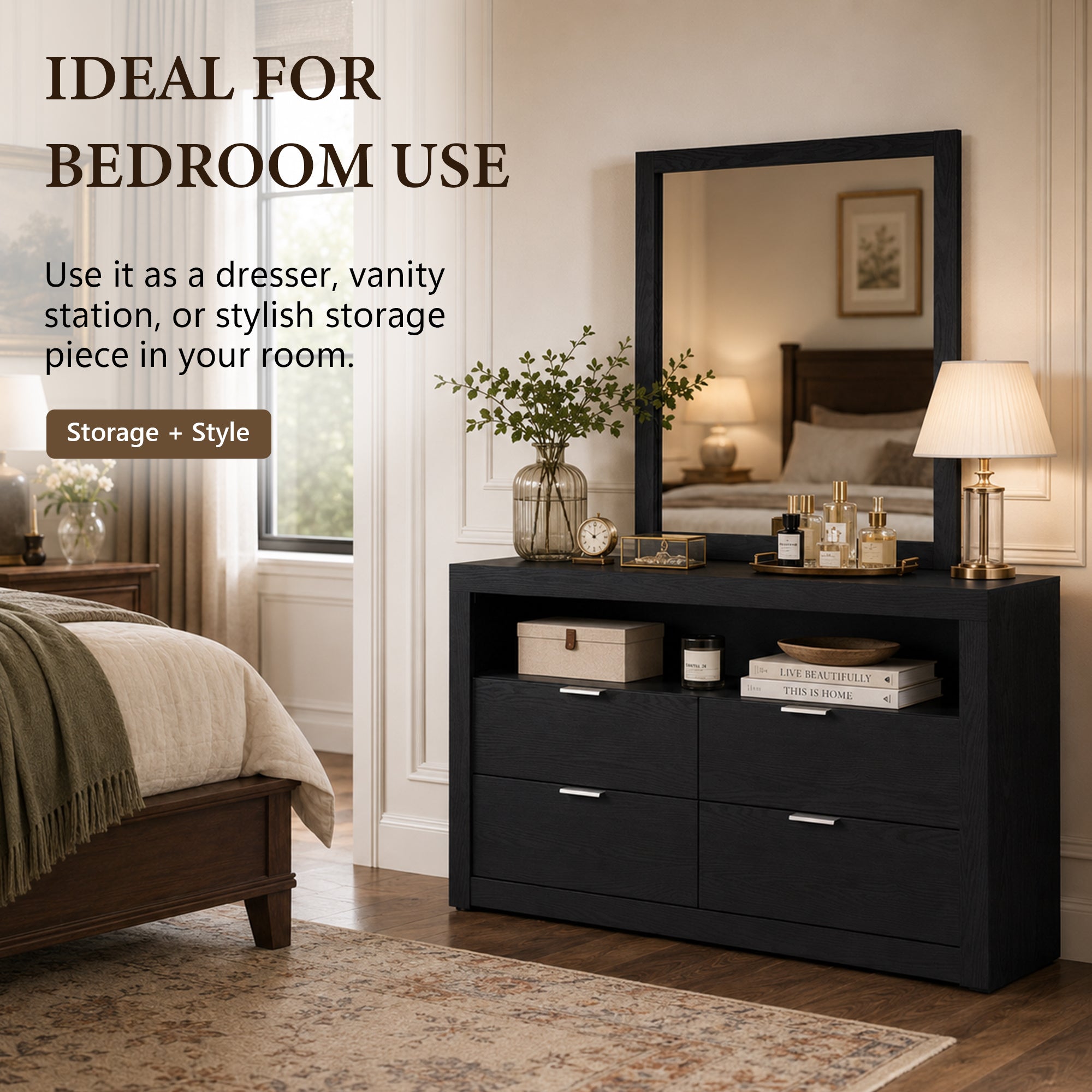 Contemporary Walnut Dresser with Optional Mirror, Finger Pull Drawers & Solid Wood Construction