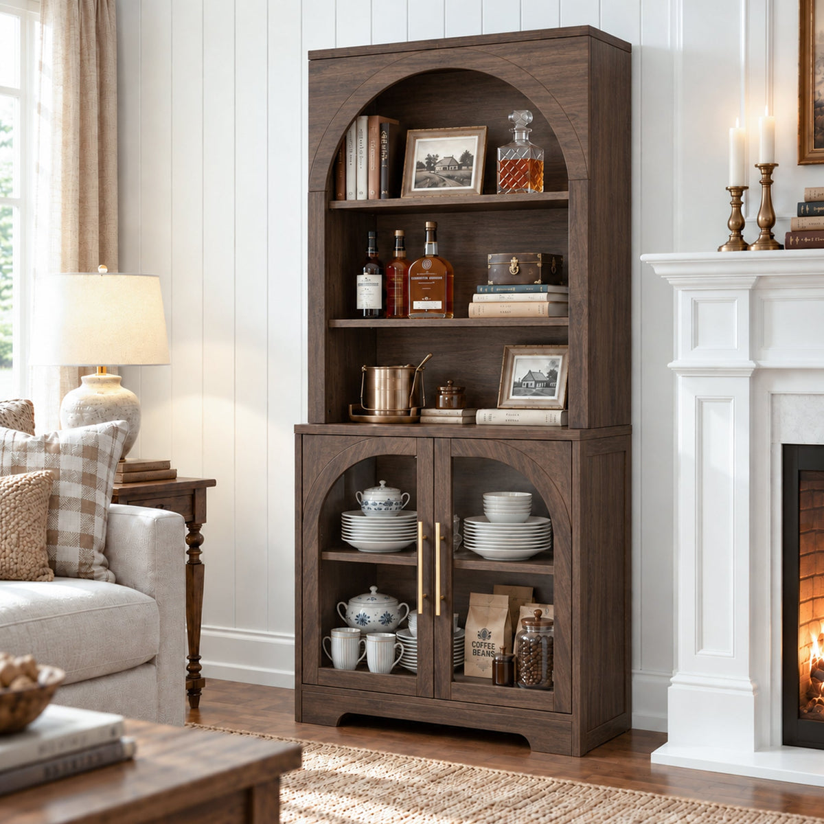 Arched Tempered Glass Door Storage Cabinet, 3-Tier Open Shelf Bookcase Display Cabinet
