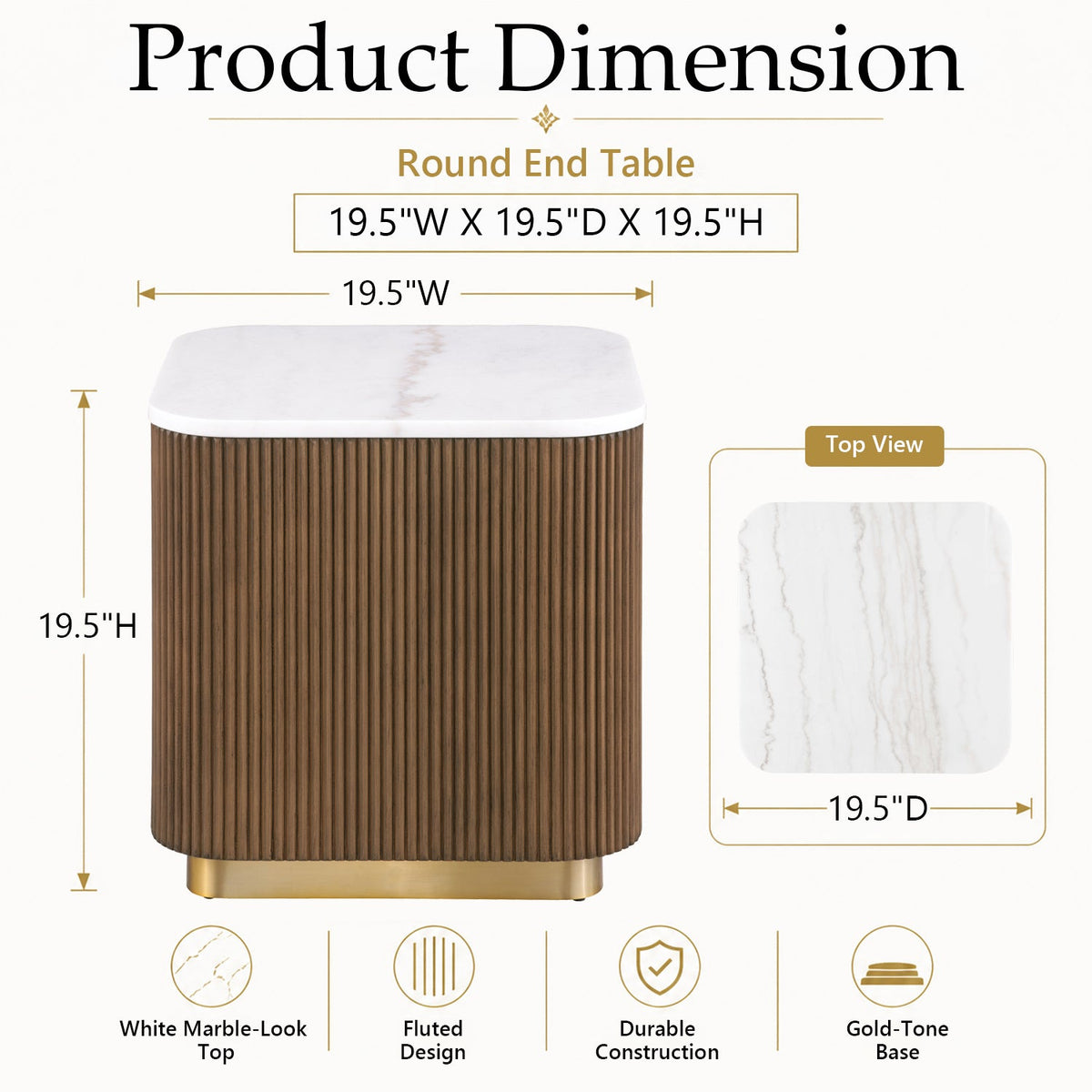 Modern Marble End Table – Genuine Marble Top & Gold Stainless Steel Base