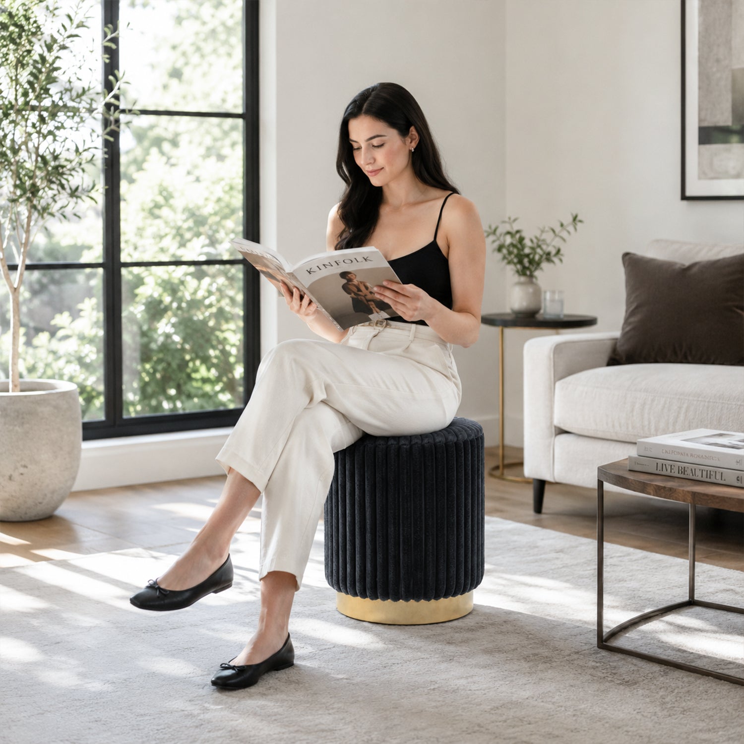 Contemporary Faux Fur Accent Stool with Gold Stainless Steel Base – Fully Assembled