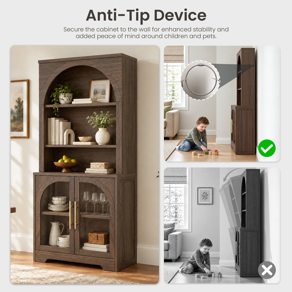Arched Tempered Glass Door Storage Cabinet, 3-Tier Open Shelf Bookcase Display Cabinet