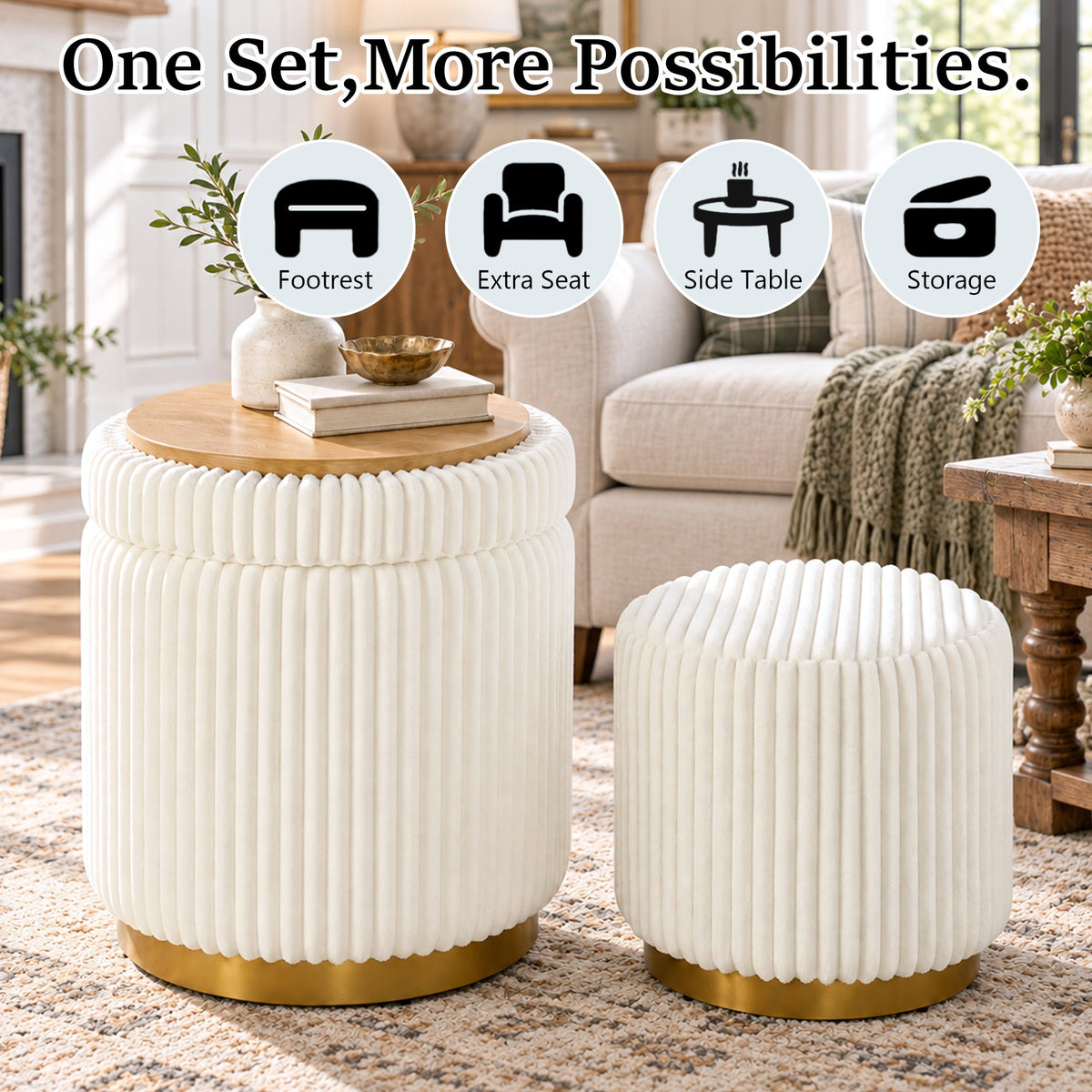 Nestable 2-Piece Storage Stool Set with 360° Swivel Base & Reversible Lid