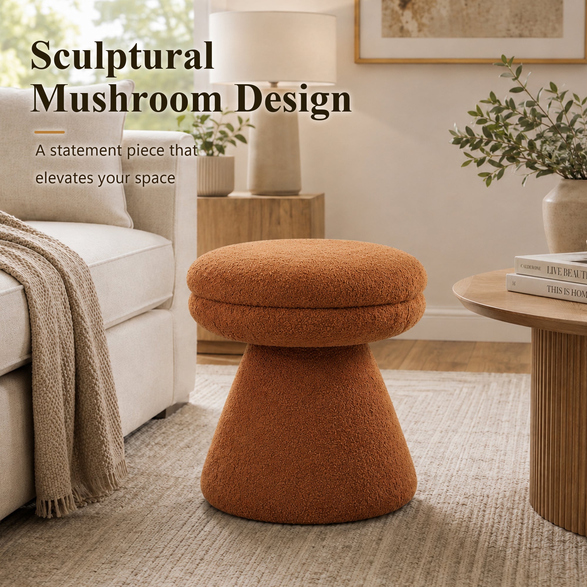 Contemporary Teddy Accent Stool with Mushroom Silhouette & Pedestal Base – Fully Assembled
