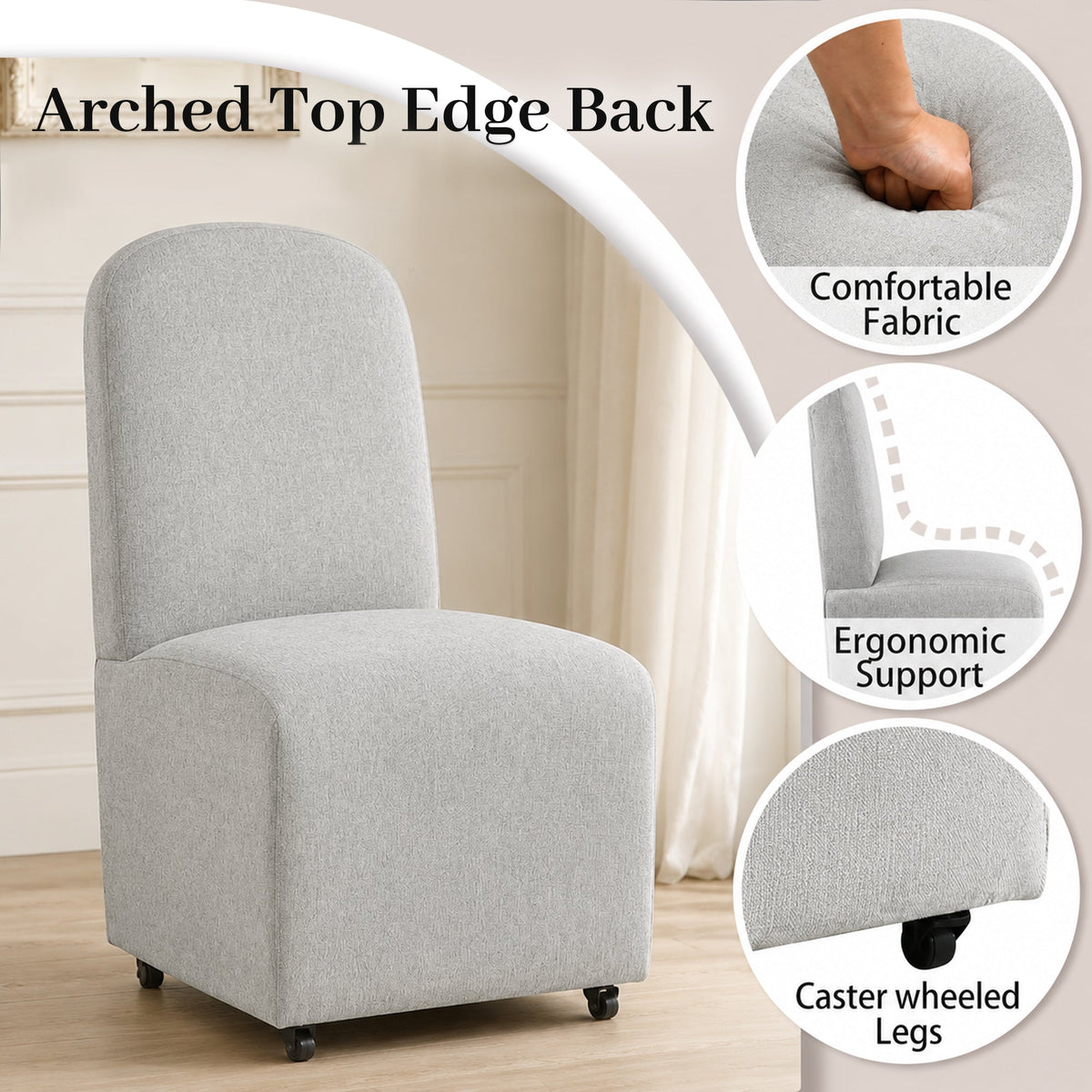 French Farmhouse Upholstered Dining Chair with Rounded Back, Caster Legs & Skirted Design