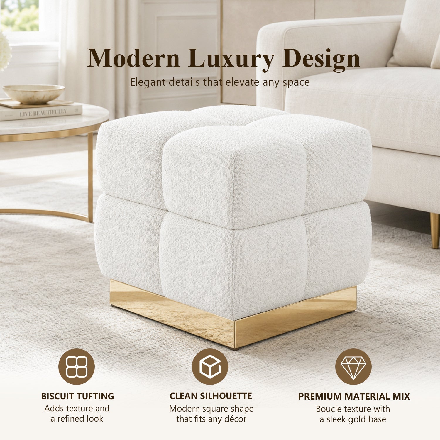 Contemporary Bouclé Storage Stool with Hidden Storage Compartment & Gold Stainless Steel Base – Fully Assembled