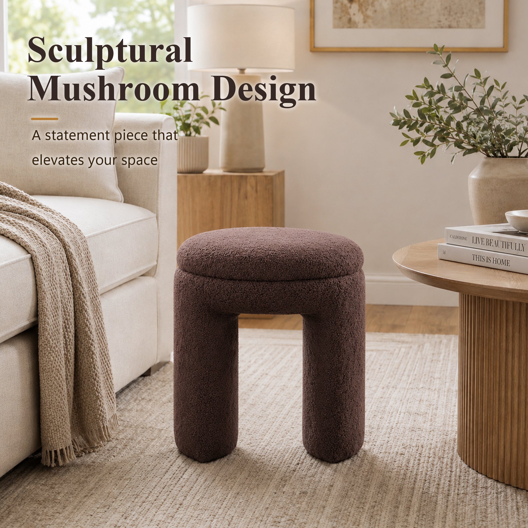 Contemporary Teddy Bouclé Accent Stool with Solid Wood Frame – Fully Assembled