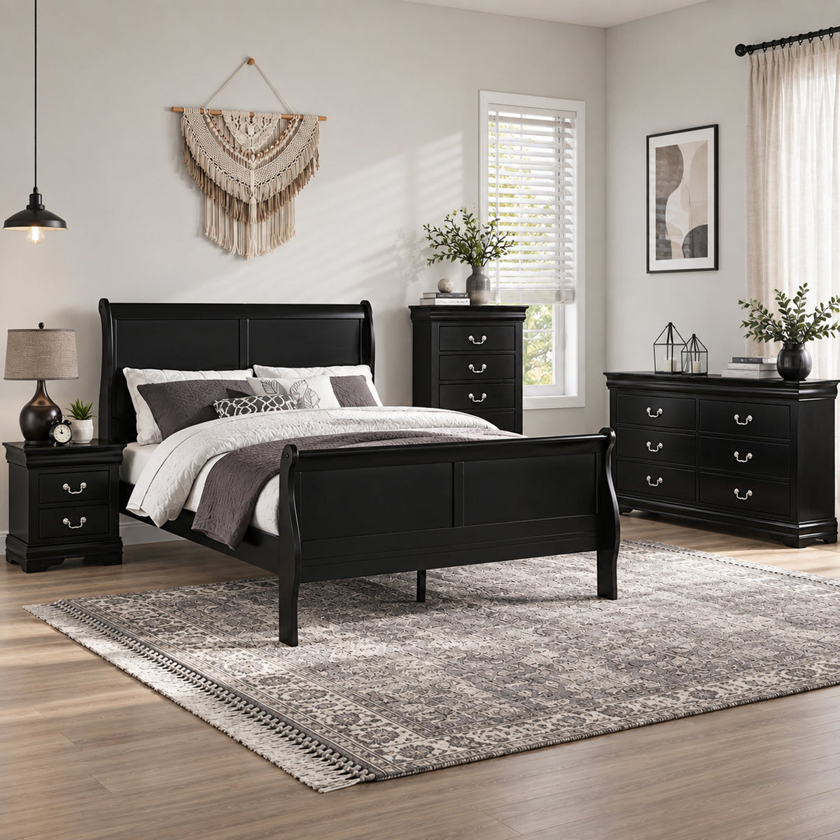 4-Piece Transitional Sleigh Bedroom Set with Solid Wood Bed, Nightstand, Chest & Dresser (Mirror Optional)