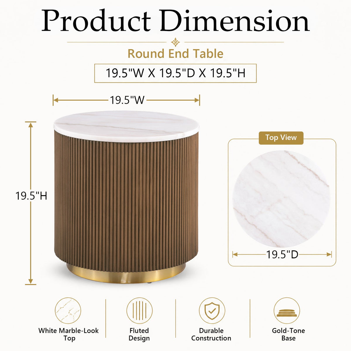 Modern Marble End Table – Genuine Marble Top & Gold Stainless Steel Base