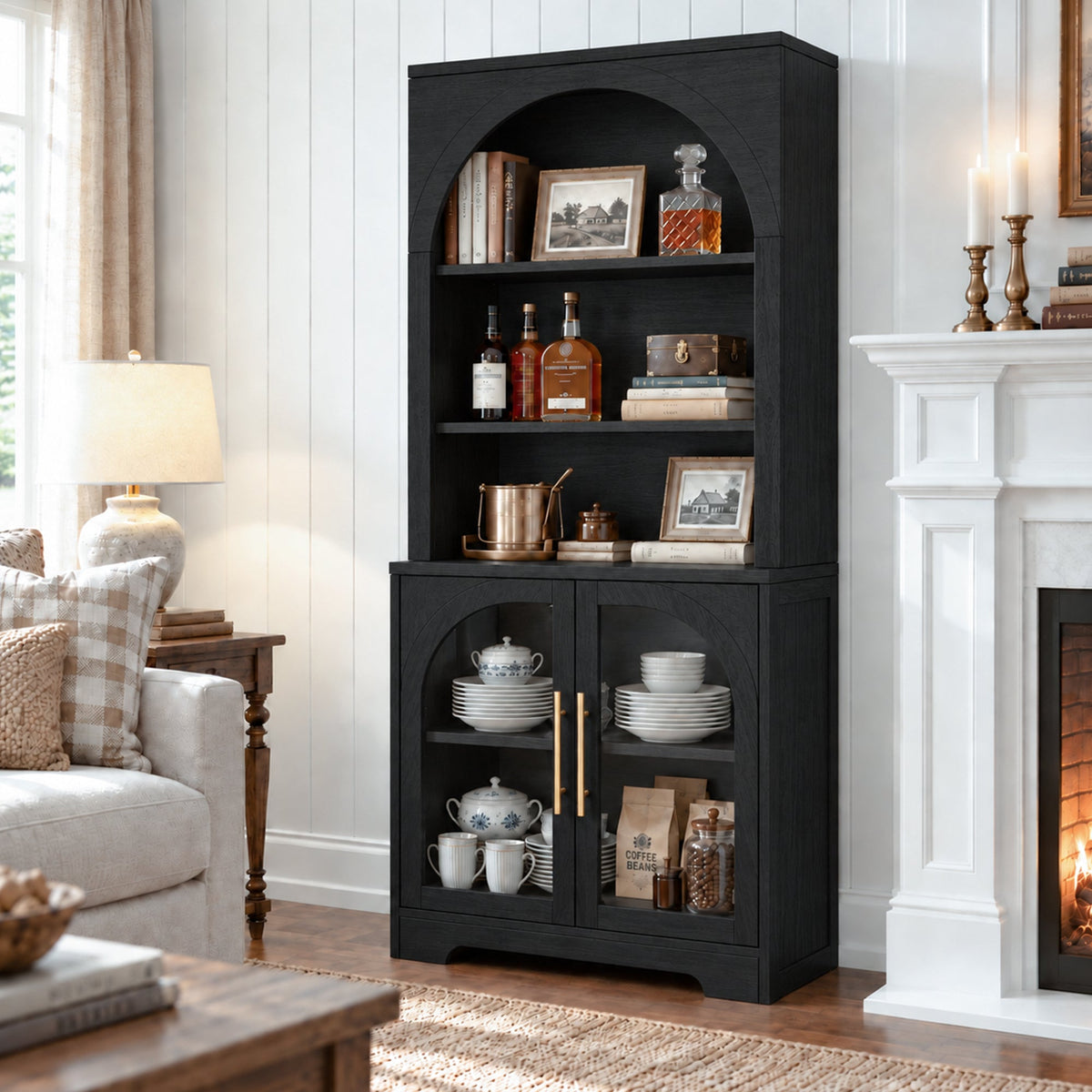 Arched Tempered Glass Door Storage Cabinet, 3-Tier Open Shelf Bookcase Display Cabinet