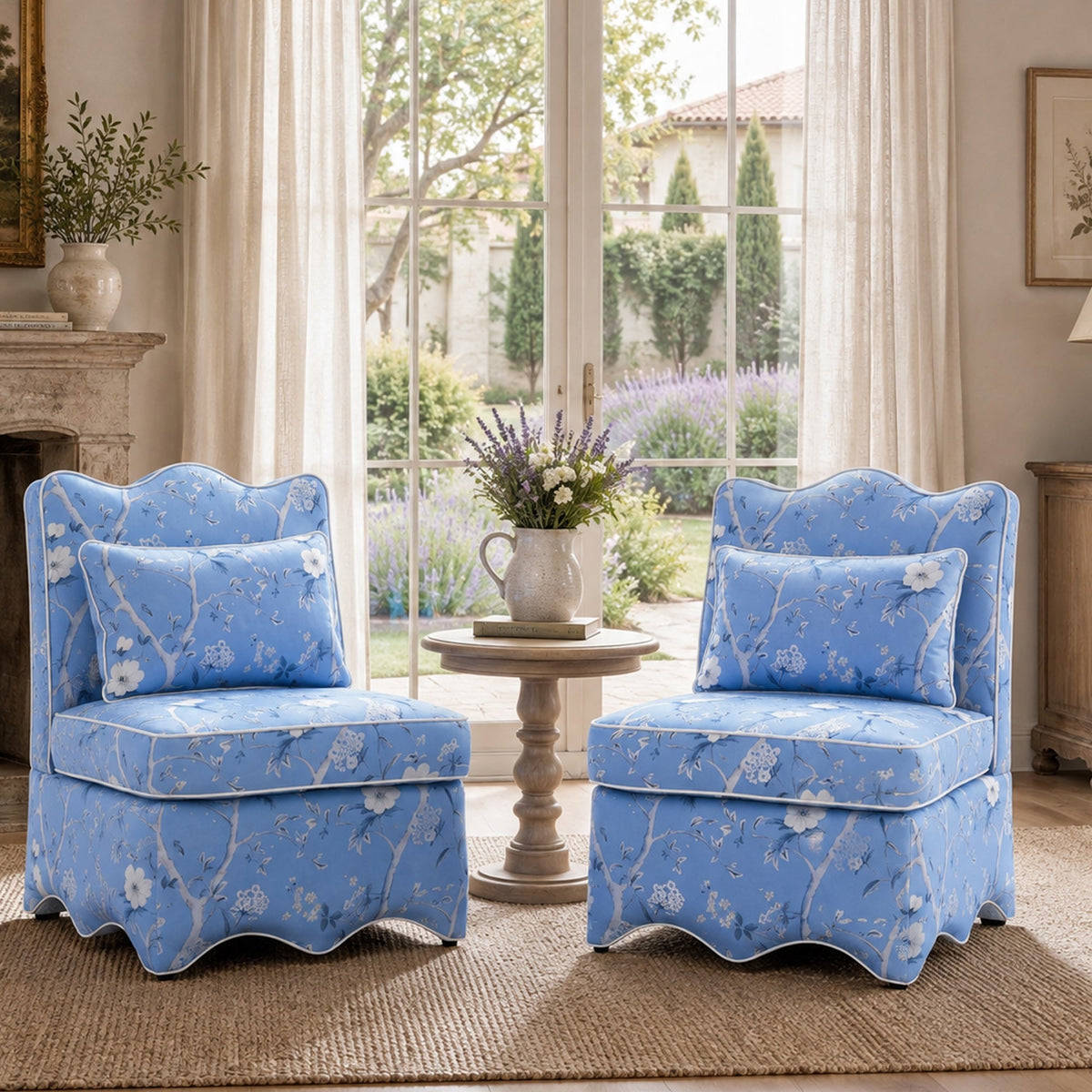 French Farmhouse Accent Chair with Scalloped Back & Upholstered Seat
