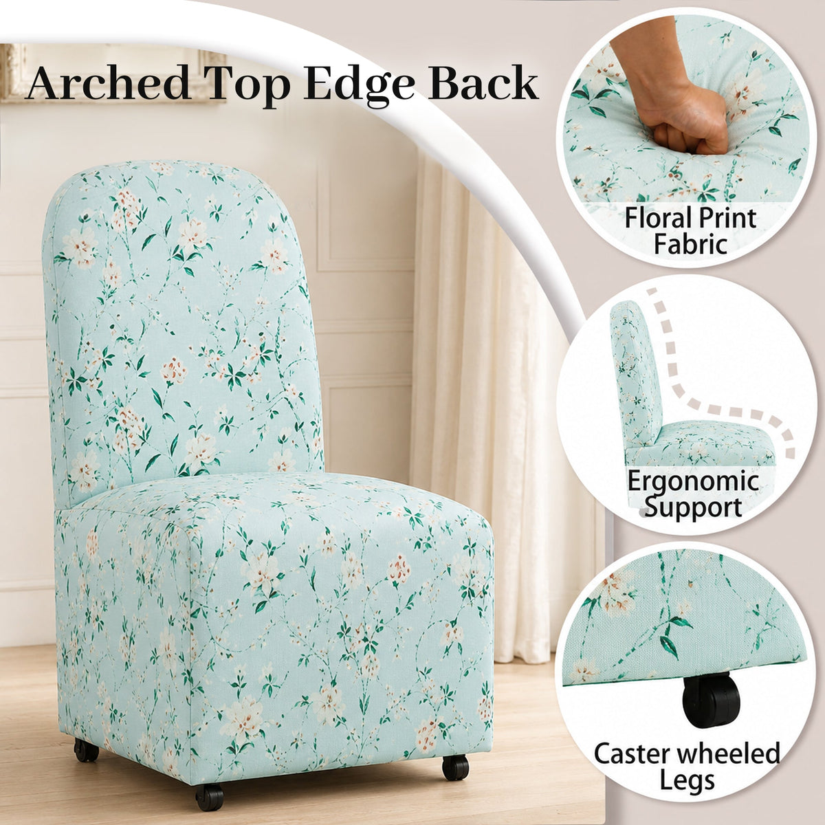 French Farmhouse Upholstered Dining Chair with Rounded Back, Caster Legs & Skirted Design