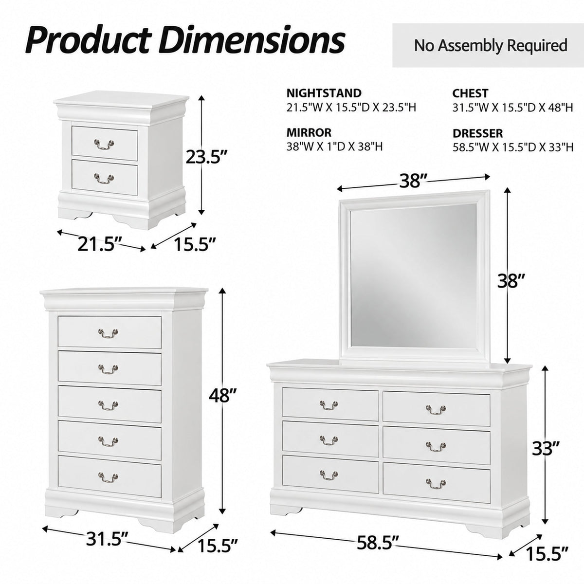 4-Piece Transitional Sleigh Bedroom Set with Solid Wood Bed, Nightstand, Chest & Dresser (Mirror Optional)