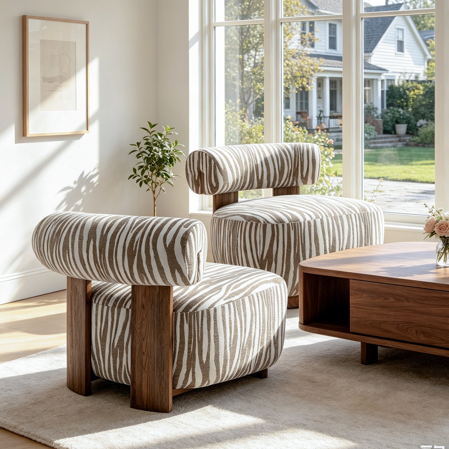Contemporary Zebra-Stripe Chenille Accent Chair – Sculptural Cylindrical Backrest