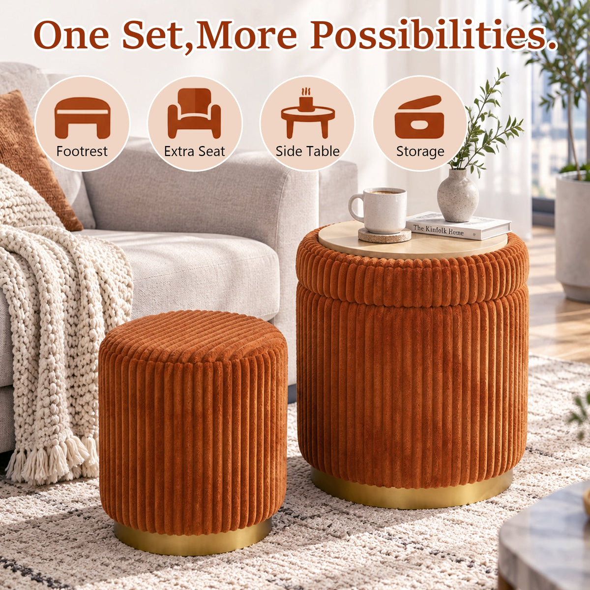 Nestable 2-Piece Storage Stool Set with 360° Swivel Base & Reversible Lid