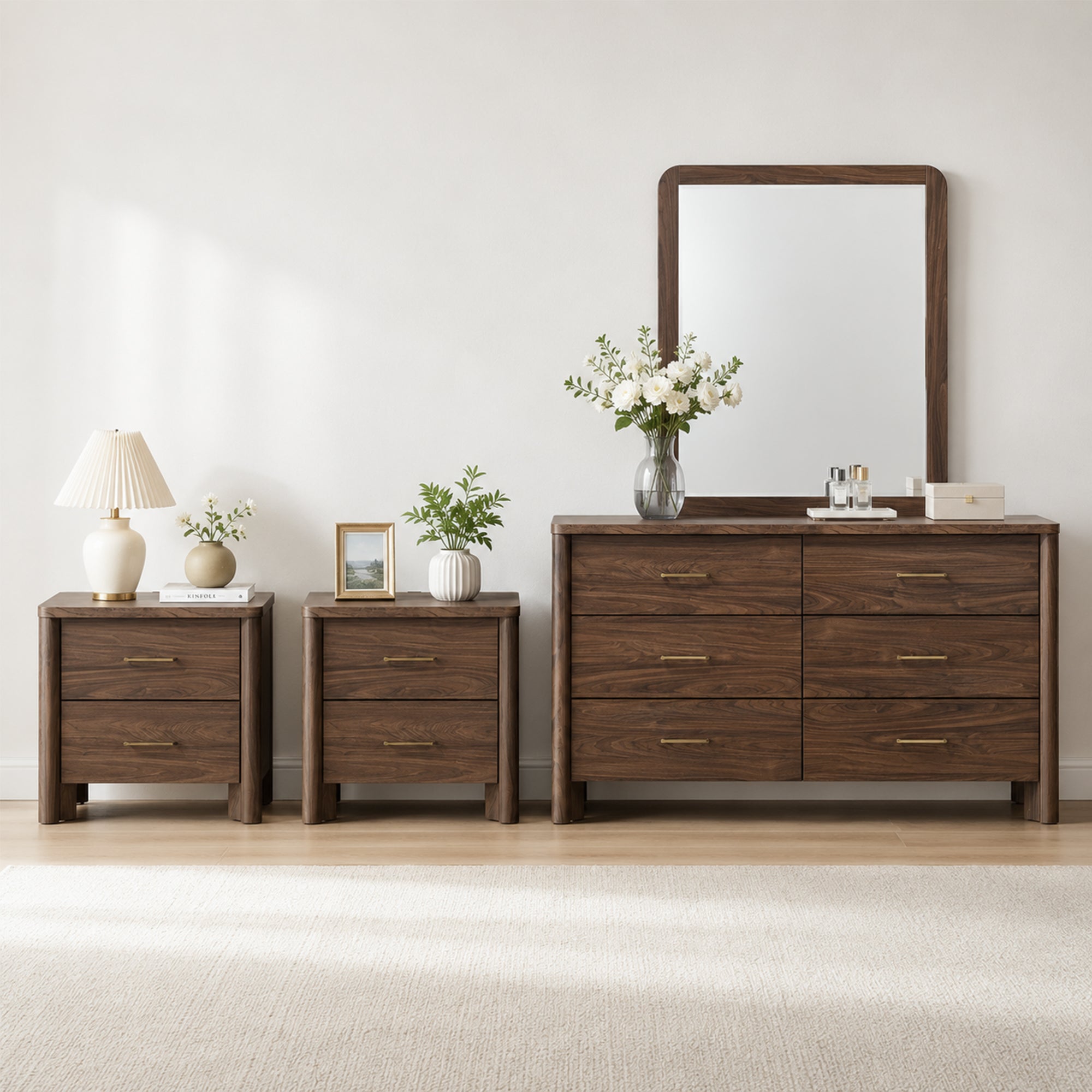 Mid-Century Modern Walnut 3-Piece Bedroom Storage Set with 2 Nightstands & Dresser with Optional Mirror
