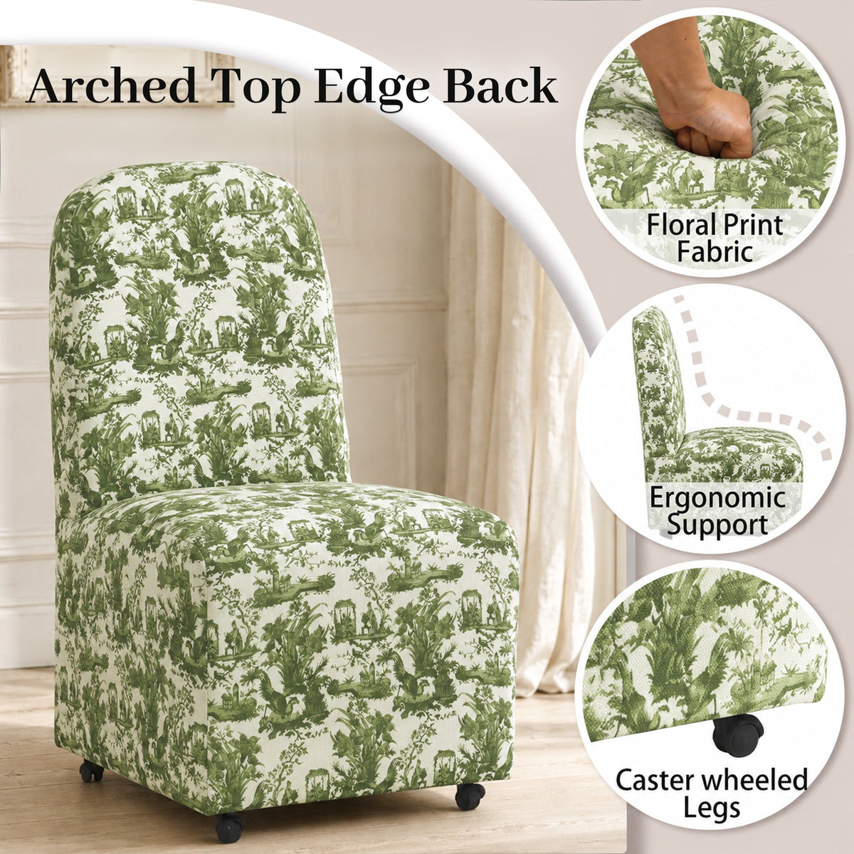 French Farmhouse Upholstered Dining Chair with Rounded Back, Caster Legs & Skirted Design
