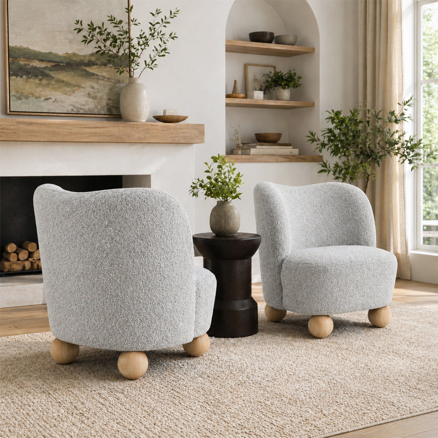 Contemporary Boucle Accent Chair – Sculptural Wood Ball Feet, Wide Seat