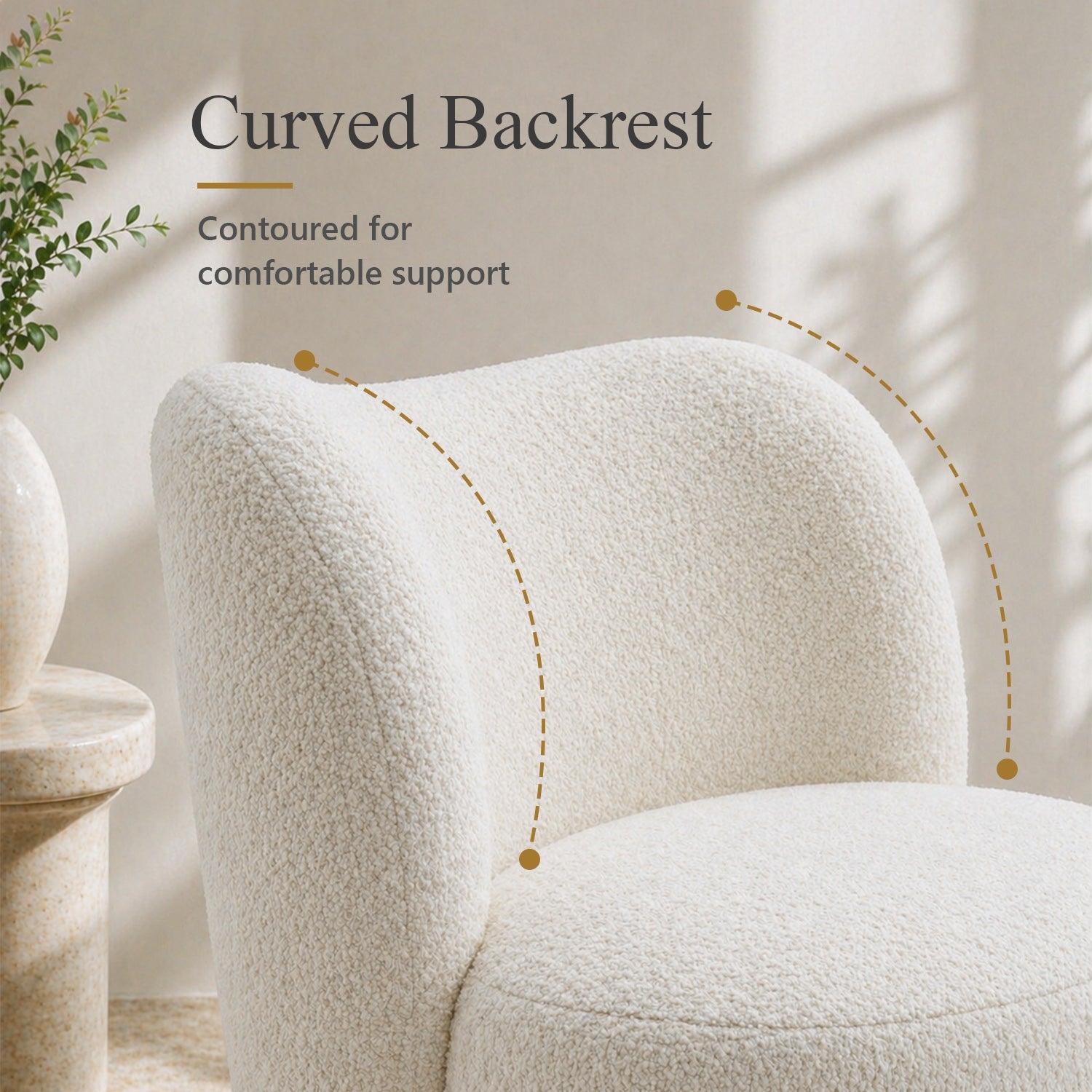 Contemporary Boucle Accent Chair – Sculptural Wood Ball Feet, Wide Seat