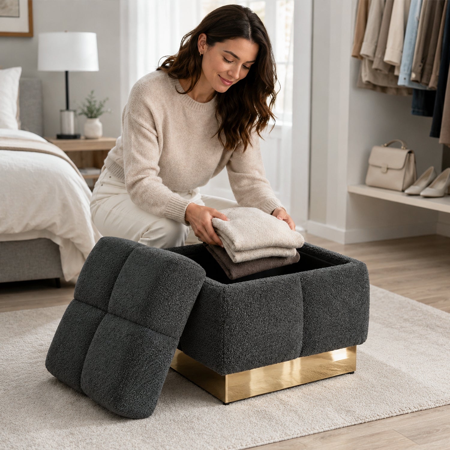 Contemporary Bouclé Storage Stool with Hidden Storage Compartment & Gold Stainless Steel Base – Fully Assembled