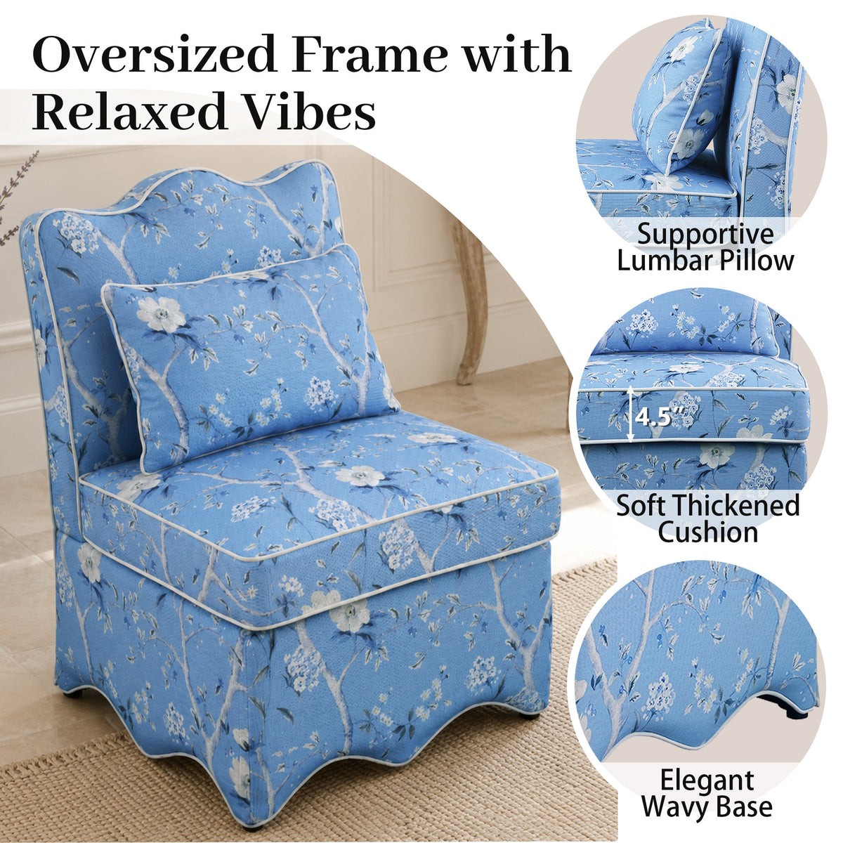 French Farmhouse Accent Chair with Scalloped Back & Upholstered Seat