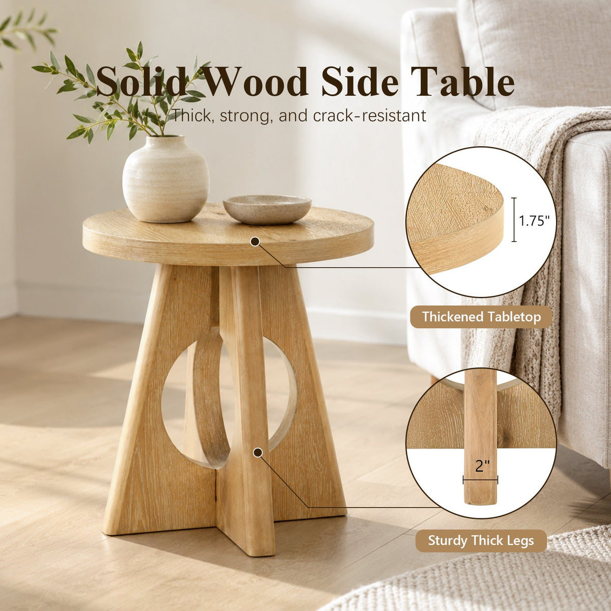 Contemporary Round End Table with Oak Veneer, Pedestal Base & Cross-Shaped Cutout Design