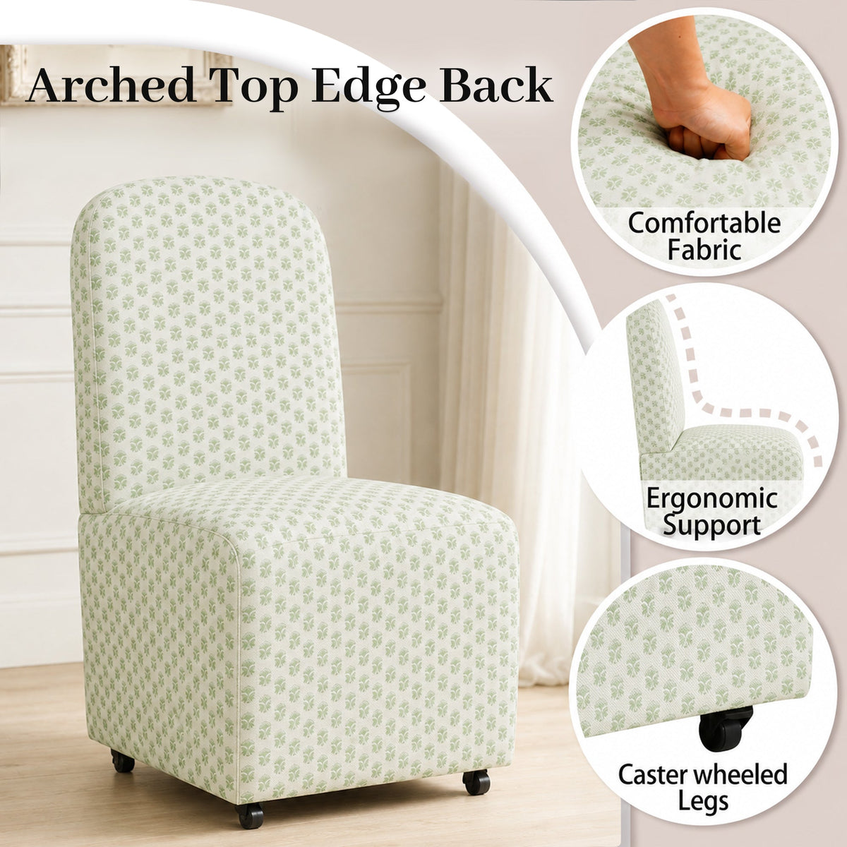 French Farmhouse Upholstered Dining Chair with Rounded Back, Caster Legs & Skirted Design