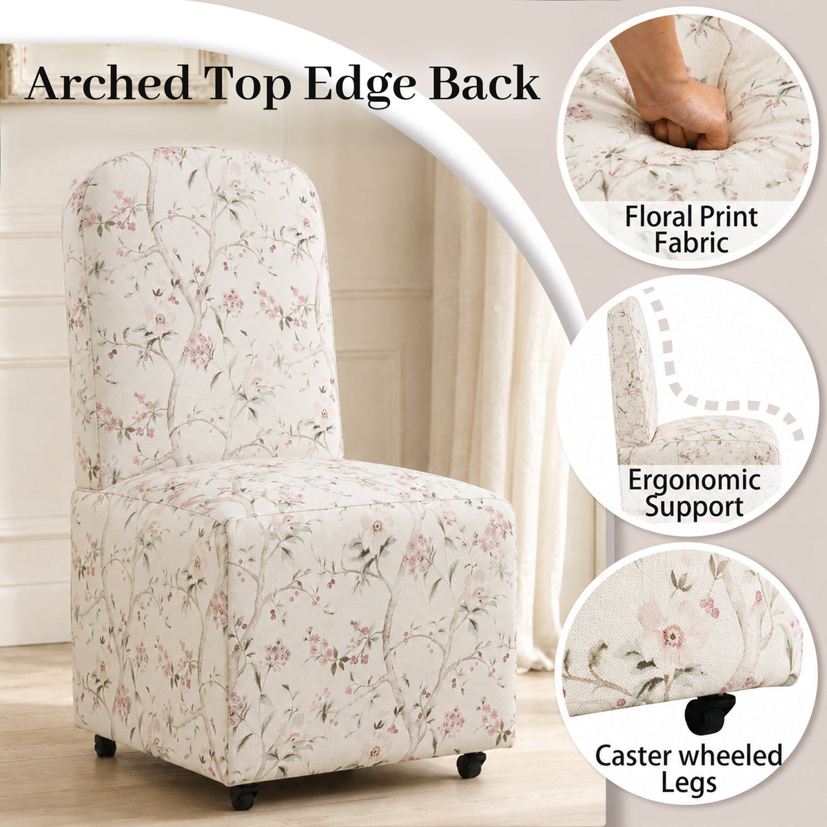 French Farmhouse Upholstered Dining Chair with Rounded Back, Caster Legs & Skirted Design