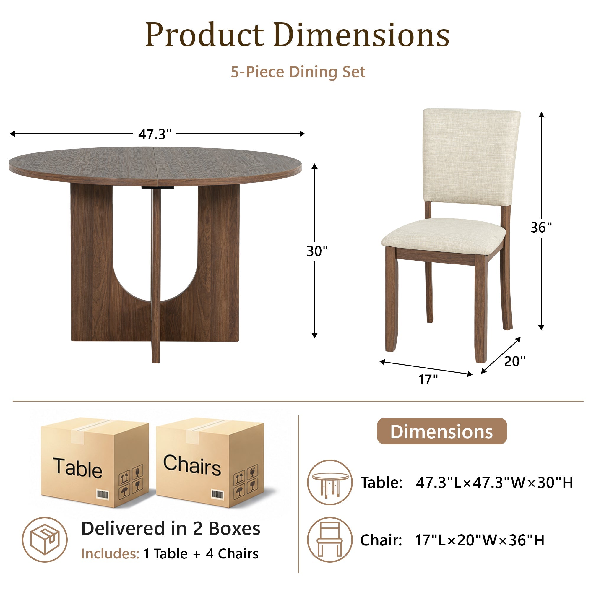 Modern 5-Piece Dining Table Set with 4 Upholstered Chairs – Round Table