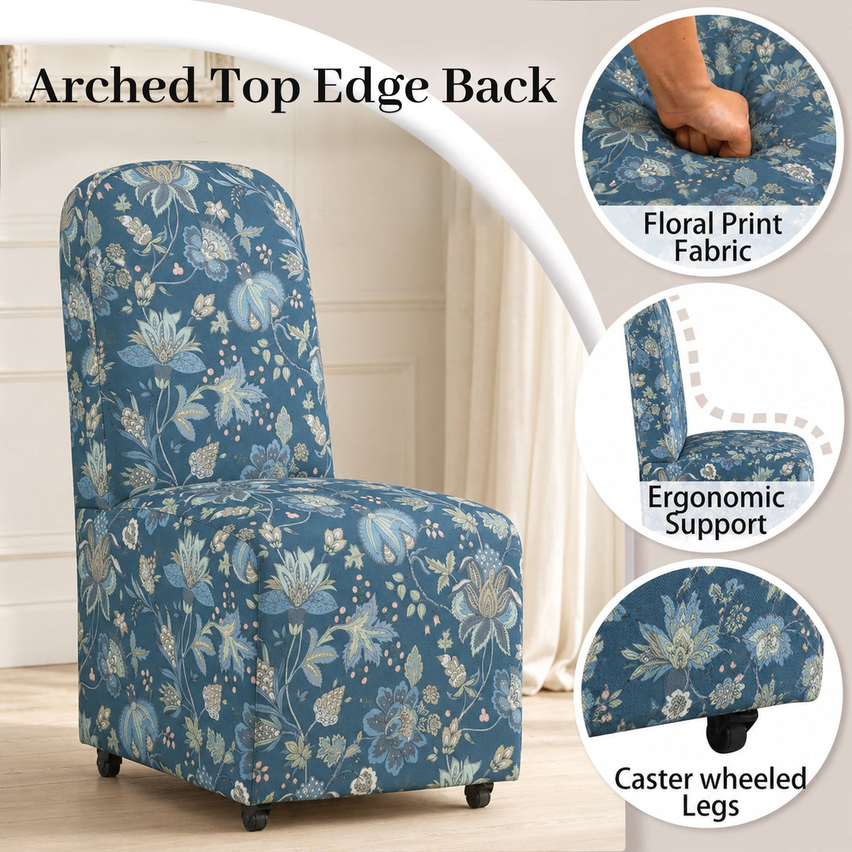 French Farmhouse Upholstered Dining Chair with Rounded Back, Caster Legs & Skirted Design