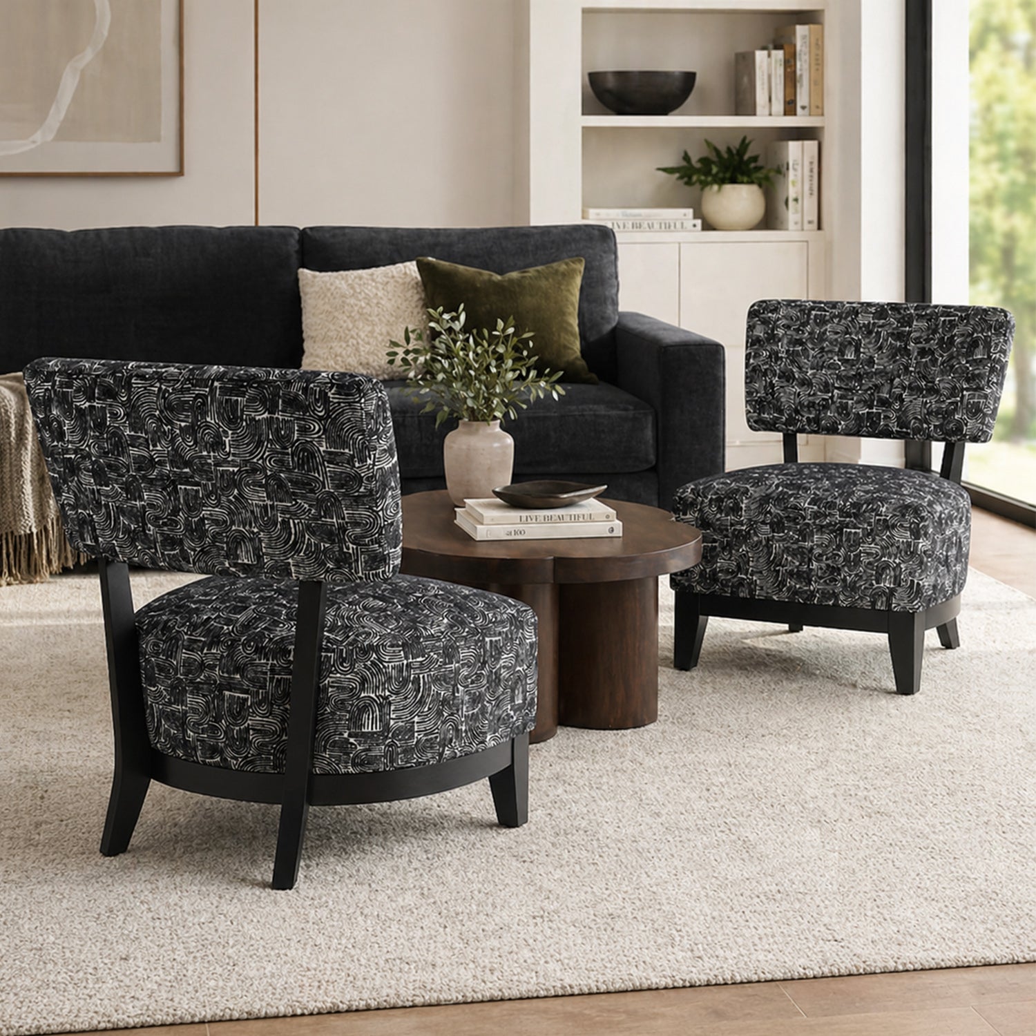 Mid-century Modern Accent Chair – Armless, Tapered Black Legs, Abstract Texture Fabric